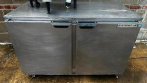 BEVERAGE AIR 48" TWO DOOR UNDER COUNTER COOLER. - POWERS ON AND COOLING.`