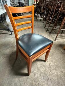 (4) LADDER BACK WOODEN CHAIRS W/ BLACK PADDED SEATS