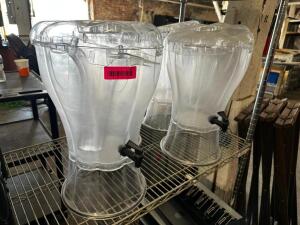 (2) PLASTIC BEVERAGE DISPENSERS W/ LIDS AND STANDS