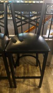 DESCRIPTION: (2) CROSS BACK 30" METAL BAR STOOL W/ BLACK CUSHION SEATS - IN GOOD CONDITION LOCATION: UPSTAIRS THIS LOT IS: SOLD BY THE PIECE QTY: 2