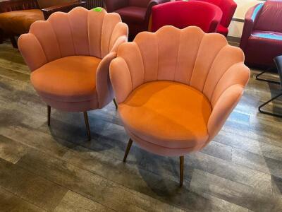 DESCRIPTION: (2) EVELIA VELVET SCALLOPED BARREL CHAIRS IN PINK. BRAND / MODEL: HULALA HOME ADDITIONAL INFORMATION RETAILS NEW FOR $299 A PIECE LOCATIO