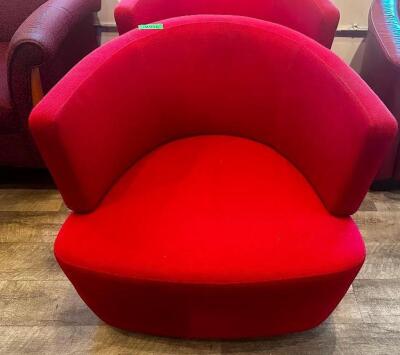 DESCRIPTION: (2) JOEL MODERN CLUB LOUNGE CHAIRS IN BRIGHT RED. BRAND / MODEL: COALESSE ADDITIONAL INFORMATION RETAIL NEW FOR $2000 PER CHAIR LOCATION: