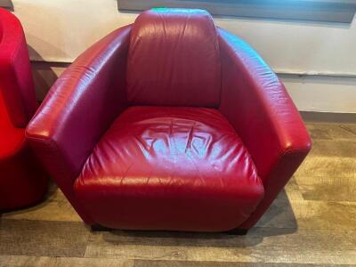DESCRIPTION: RED PLEATHER BARREL ARM CHAIR LOCATION: UPSTAIRS QTY: 1
