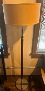 DESCRIPTION: FLOOR LAMP W/ SHADE. ADDITIONAL INFORMATION POLISHED CHROME BASE AND WOODEN STOCK LOCATION: UPSTAIRS QTY: 1