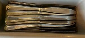 DESCRIPTION: APPROX 20 STAINLESS KNIVES. ADDITIONAL INFORMATION LOT INCLUDES PLASTIC CADDY LOCATION: UPSTAIRS THIS LOT IS: ONE MONEY QTY: 1