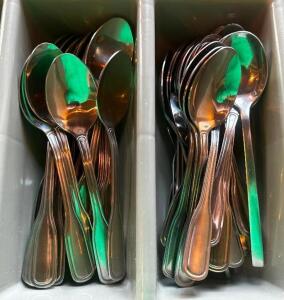 DESCRIPTION: APPROX 40 STAINLESS SPOONS ADDITIONAL INFORMATION LOT INCLUDES PLASTIC CADDY LOCATION: UPSTAIRS THIS LOT IS: ONE MONEY QTY: 1