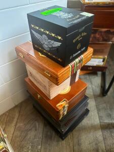 DESCRIPTION: (8) ASSORTED EMPTY CIGAR BOXES LOCATION: BAR / MAIN FLOOR THIS LOT IS: ONE MONEY QTY: 1