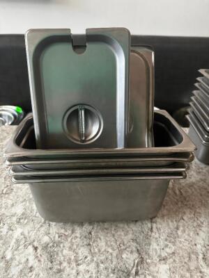 DESCRIPTION: (3) 1/3 SIZE STAINLESS INSERTS W/ LIDS SIZE 6" DEEP LOCATION: MAIN FLOOR THIS LOT IS: SOLD BY THE PIECE QTY: 3