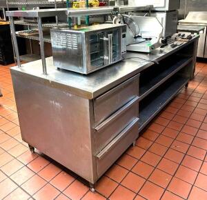 DESCRIPTION: STAINLESS PREP TABLE WITH 3-DRAWERS, UNDERSTORAGE, AND RISER SHELF INFORMATION: CONTENTS NOT INCLUDED SIZE: 96"X36"X34" LOCATION: KITCHEN