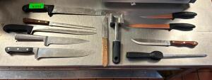 DESCRIPTION: ASSORTED CHEFS KNIVES, SHARPENER AND MEAT HAMMER LOCATION: KITCHEN QTY: 1