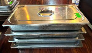 DESCRIPTION: (4) FULL SIZE STAINLESS INSERTS WITH LIDS SIZE: 2.5" DEEP LOCATION: MAIN DINING QTY: 4