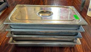 DESCRIPTION: (4) FULL SIZE STAINLESS INSERTS WITH LIDS SIZE: 2.5" DEEP LOCATION: MAIN DINING QTY: 4