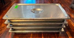 DESCRIPTION: (4) FULL SIZE STAINLESS INSERTS WITH LIDS SIZE: 2.5" DEEP LOCATION: MAIN DINING QTY: 4