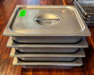 DESCRIPTION: (4) 1/2 SIZE STAINLESS INSERTS WITH LIDS SIZE: 2.5" DEEP LOCATION: MAIN DINING QTY: 4