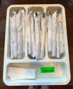 DESCRIPTION: (28) WRAPPED FLATWARE SETS WITH TRAY LOCATION: MAIN DINING QTY: 28