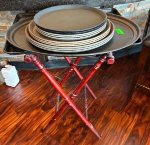 DESCRIPTION: TRAY STAND WITH ASSORTED SERVING TRAYS LOCATION: MAIN DINING QTY: 1