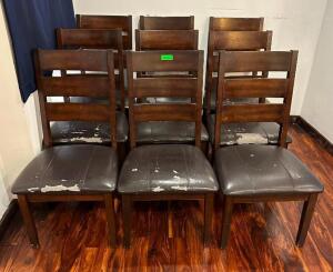 DESCRIPTION: (9) WOODEN CHAIRS WITH VINYL UPHOLSTERED SEATS INFORMATION: MOST NEED TO BE REUPHOLSTERED LOCATION: PARTY ROOM QTY: 9