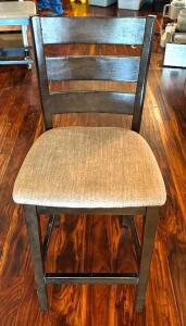 DESCRIPTION: (2) WOODEN BARSTOOLS WITH FABRIC UPHOLSTERED SEATS LOCATION: MAIN DINING QTY: 2