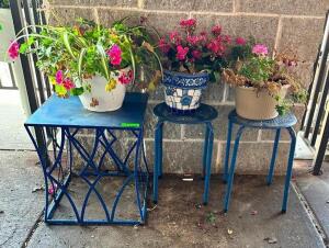 NAME: ASSORTED PATIO PLANTERS AND STANDS DESCRIPTION: ASSORTED PATIO PLANTERS AND STANDS LOCATION: PATIO QTY: 1