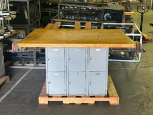 64" WORK TABLE WITH LOCKER BASE AND MOUNTED VICES