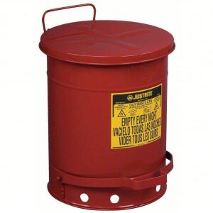 DESCRIPTION: (1) OILY WASTE CAN BRAND/MODEL: JUSTRITE #3AD94 INFORMATION: RED SIZE: 10 GAL CAN CAPACITY, GALVANIZED STEEL, RED, FOOT OPERATED SELF CLO