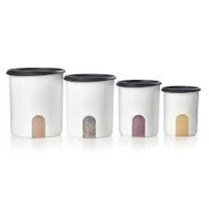 DESCRIPTION: (1) SET OF (4) CANISTER SET BRAND/MODEL: TUPPERWARE ONE TOUCH INFORMATION: WHITE RETAIL$: $65.89 EA QTY: 1