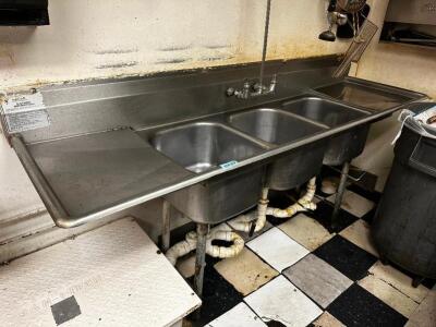 DESCRIPTION: 90" THREE WELL STAINLESS POT SINK WITH LEFT AND RIGHT DRY BOARDS. ADDITIONAL INFORMATION W/ DRAIN LEVERS SIZE 90" LOCATION: KITCHEN QTY: