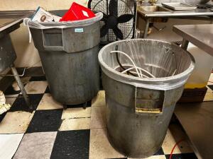 DESCRIPTION: (2) 44 GALLON RUBBERMAID TRASH CANS BRAND / MODEL: RUBBERMAID BRUTE ADDITIONAL INFORMATION W/ (1) DOLLY LOCATION: KITCHEN THIS LOT IS: SO