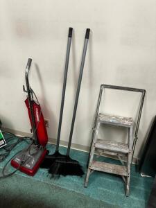 DESCRIPTION: VACUUM CLEANER, (2) BROOMS, AND (1) STEP LADDER LOCATION: OFFICE THIS LOT IS: ONE MONEY QTY: 1