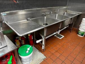 9' THREE WELL STAINLESS POT SINK W/ LEFT AND RIGHT DRY BOARDS