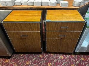 DESCRIPTION: (2) THREE DRAWER LAMINATE FILE FILE CABINETS LOCATION: MAIN SEATING THIS LOT IS: ONE MONEY QTY: 1