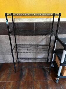 DESCRIPTION: 36" X 12" FOUR TIER BLACK WIRE SHELF SIZE 36" X 12" X 60" LOCATION: MAIN SEATING QTY: 1