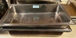 DESCRIPTION: (2) FULL SIZE STAINLESS WATER PANS SIZE 4" DEEP LOCATION: MAIN SEATING THIS LOT IS: SOLD BY THE PIECE QTY: 2