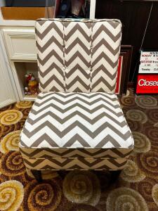 DESCRIPTION: GREY UPHOLSTERED SIDE CHAIR W/ CHEVRON PATTERN LOCATION: OFFICE QTY: 1