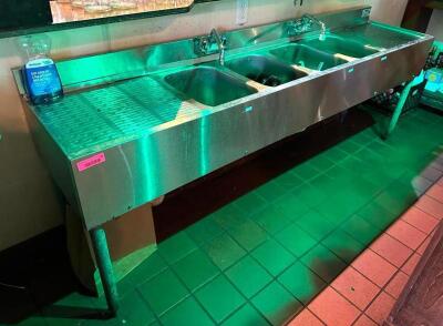 DESCRIPTION: 4-COMPARTMENT UNDERCOUNTER STAINLESS STEEL SINK WITH DOUBLE DRAIN BOARD SIZE: 84"X19" LOCATION: BAR QTY: 1