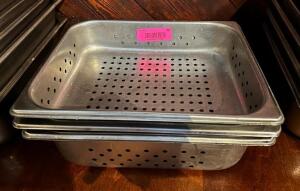 DESCRIPTION: (3) 1/2 SIZE PERFORATED STAINLESS INSERTS SIZE: 4" DEEP LOCATION: MAIN DINING QTY: 3