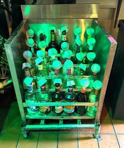 DESCRIPTION: STAINLESS ALCOHOL RACK INFORMATION: CONTENTS NOT INCLUDED SIZE: 23"X21"X31" LOCATION: BAR QTY: 1