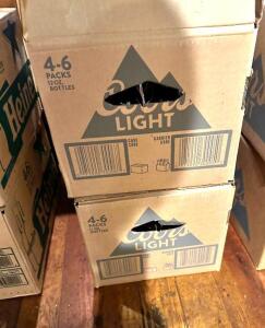 DESCRIPTION: (1) FULL CASE & (2) SIX PACKS OF COORS LIGHT INFORMATION: 36 TOTAL BOTTLES LOCATION: MAIN DINING QTY: 1