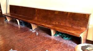 DESCRIPTION: LARGE WOODEN BENCH SIZE: 15 FEET LONG, 25" WIDE LOCATION: BAR QTY: 1