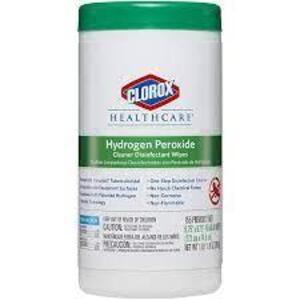 DESCRIPTION: (6) HYDROGEN PEROXIDE WIPES BRAND/MODEL: CLOROX HEALTHCARE SIZE: 95 WIPES PER CONTAINER RETAIL$: $10.00 EA QTY: 6