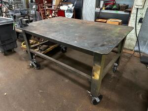 72" X 48" COUNTER HEIGHT METAL FABRICATION TABLE W/ 5" MOUNTED VICE.