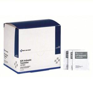 DESCRIPTION: (1) BOX OF (100) BZK ANTISEPTIC TOWELETTES BRAND/MODEL: FIRST AID ONLY #36LF55 RETAIL$: $10.00 EA QTY: 1