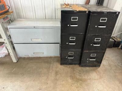 (4) ASSORTED LATERAL FILE CABINETS AND FILE CABINETS.