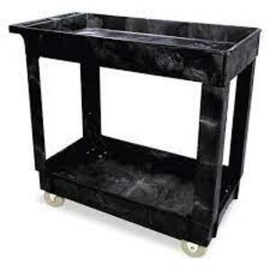 DESCRIPTION: (1) UTILITY CARTBRAND/MODEL: RUBBERMAID #FG9T6600BLAINFORMATION: BLACKSIZE: 2 SHELF, 34" x 16" x 31 1/4"RETAIL$: $228.61 EAQTY: 1