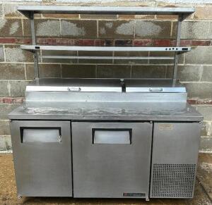 TRUE 60" PIZZA PREP TOP COOLER W/ RISER SHELF.