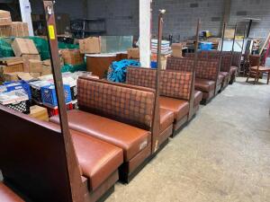 (5) SECTIONS OF 48" BOOTH SEATING W/ COAT RACK POSTS. BROWN CUSHIONS W/ UPHOLSTERED BACKS