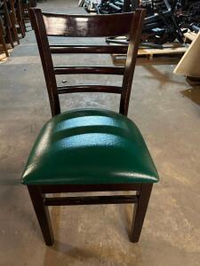 (5) LADDER BACK WOOD CHAIRS W/ GREEN VINYL SEAT CUSHIONS