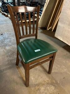 (4) LADDER BACK WOOD CHAIRS W/ GREEN VINYL SEAT CUSHIONS