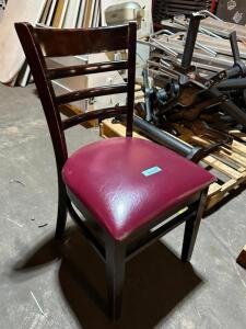 (4) LADDER BACK DARK WOOD CHAIRS W/ RED VINYL SEAT CUSHIONS