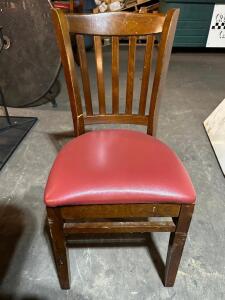 (4) LADDER BACK WOOD CHAIRS W/ LIGHT RED VINYL SEAT CUSHIONS